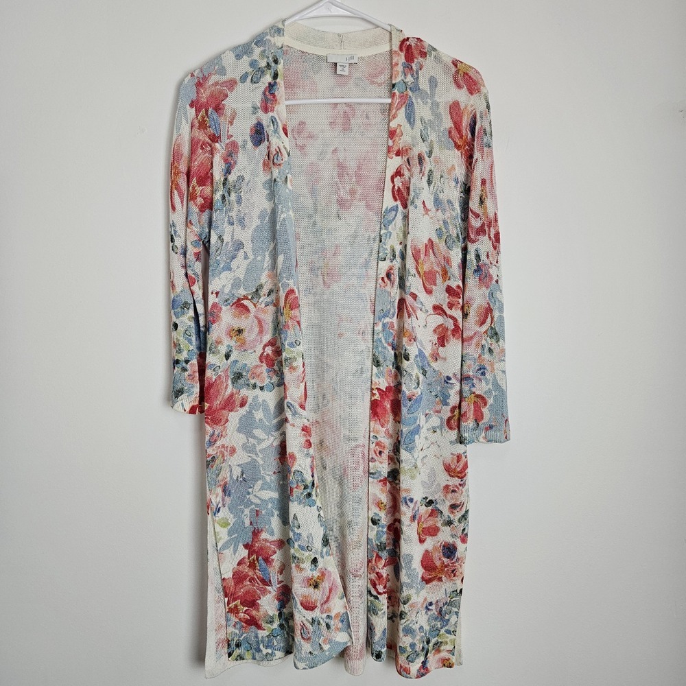 J.Jill Cardigan Size XS PETITE Linen Blend Open Front Knit Watercolor Floral